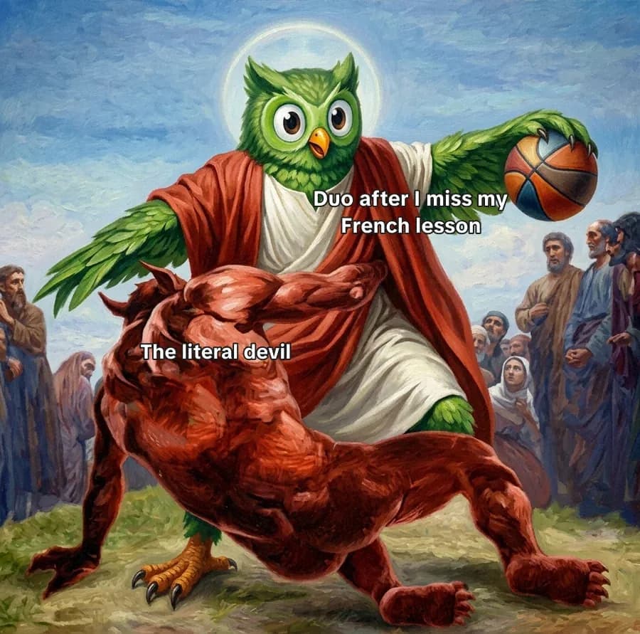 Example mascot meme where the mascot replaces the person in the scene
